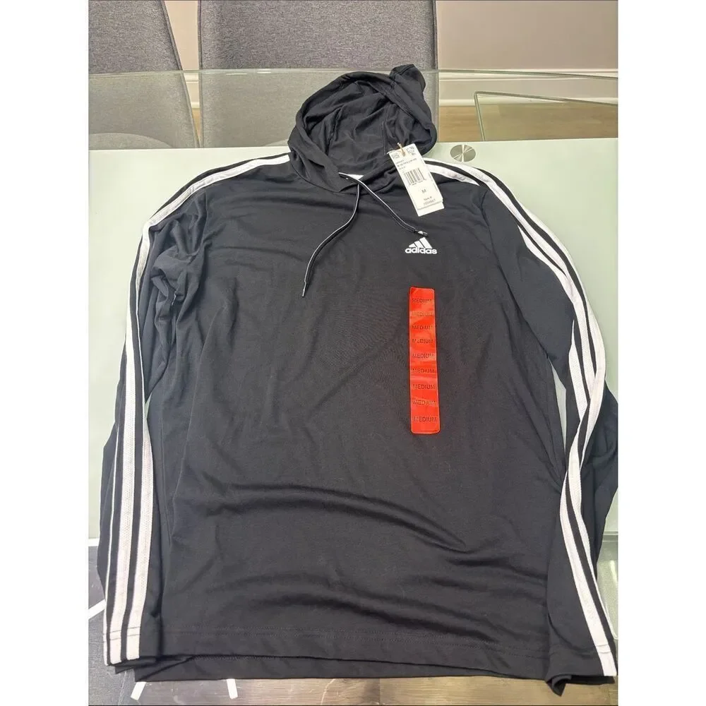 adidas NWT Black Hoodie with White Sleeve Stripes light